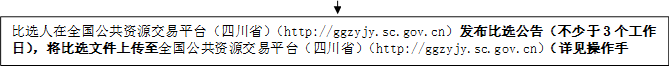 比選人在全國公共資源交易平臺（四川?。╤ttp://ggzyjy.sc.gov.cn）發(fā)布比選公告（不少于3個工作日），將比選文件上傳至全國公共資源交易平臺（四川?。╤ttp://ggzyjy.sc.gov.cn）（詳見操作手冊）。

